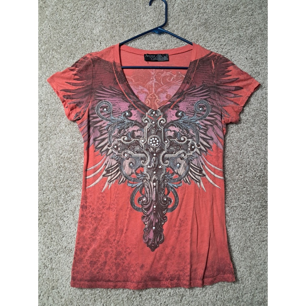 Angels & Diamonds T-Shirt Womens L Red Graphic Cross Wings Rhinestone bx-143
